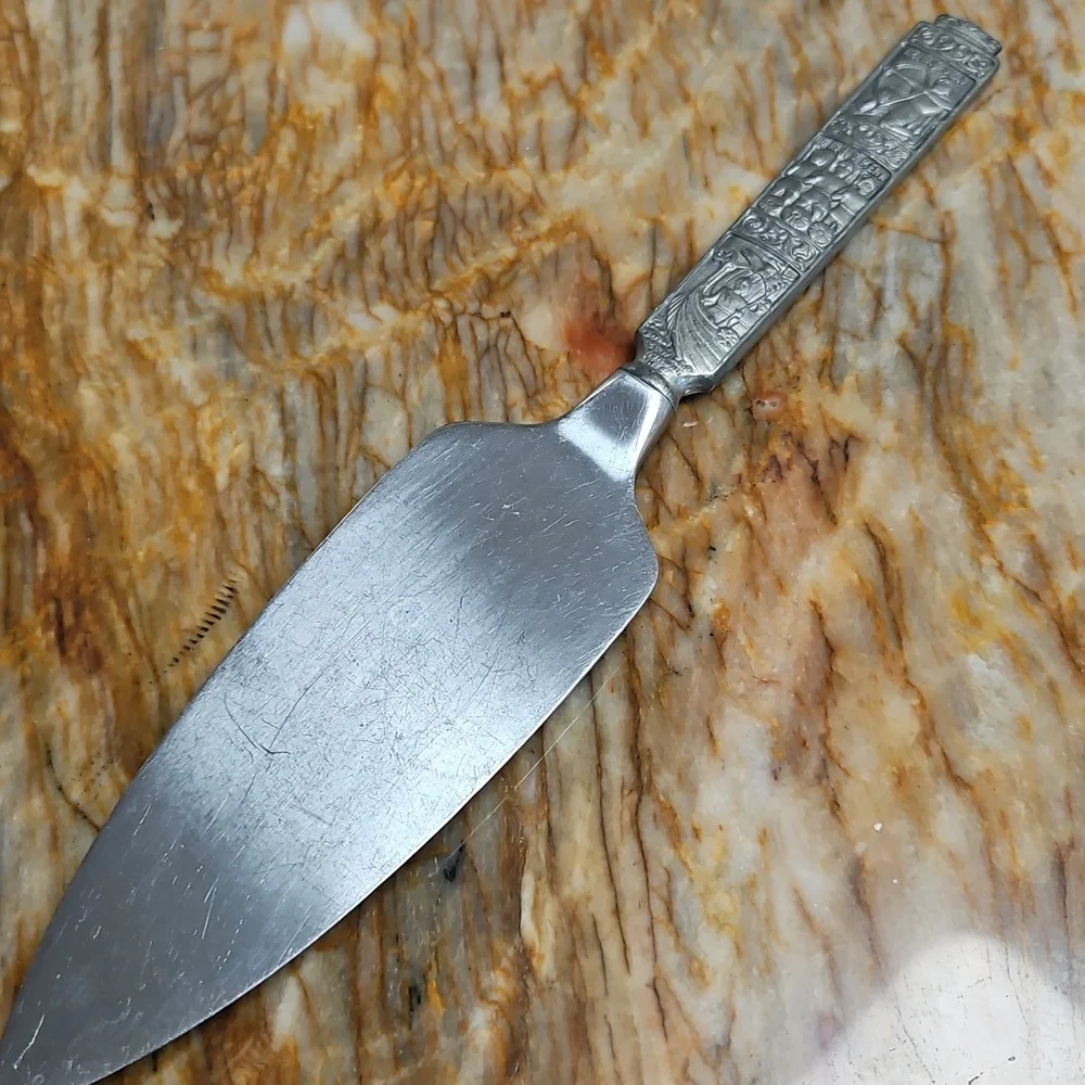 Vintage HEILAG OLAV Pewter Handled Serrated Cheese Server NORWAY TINN